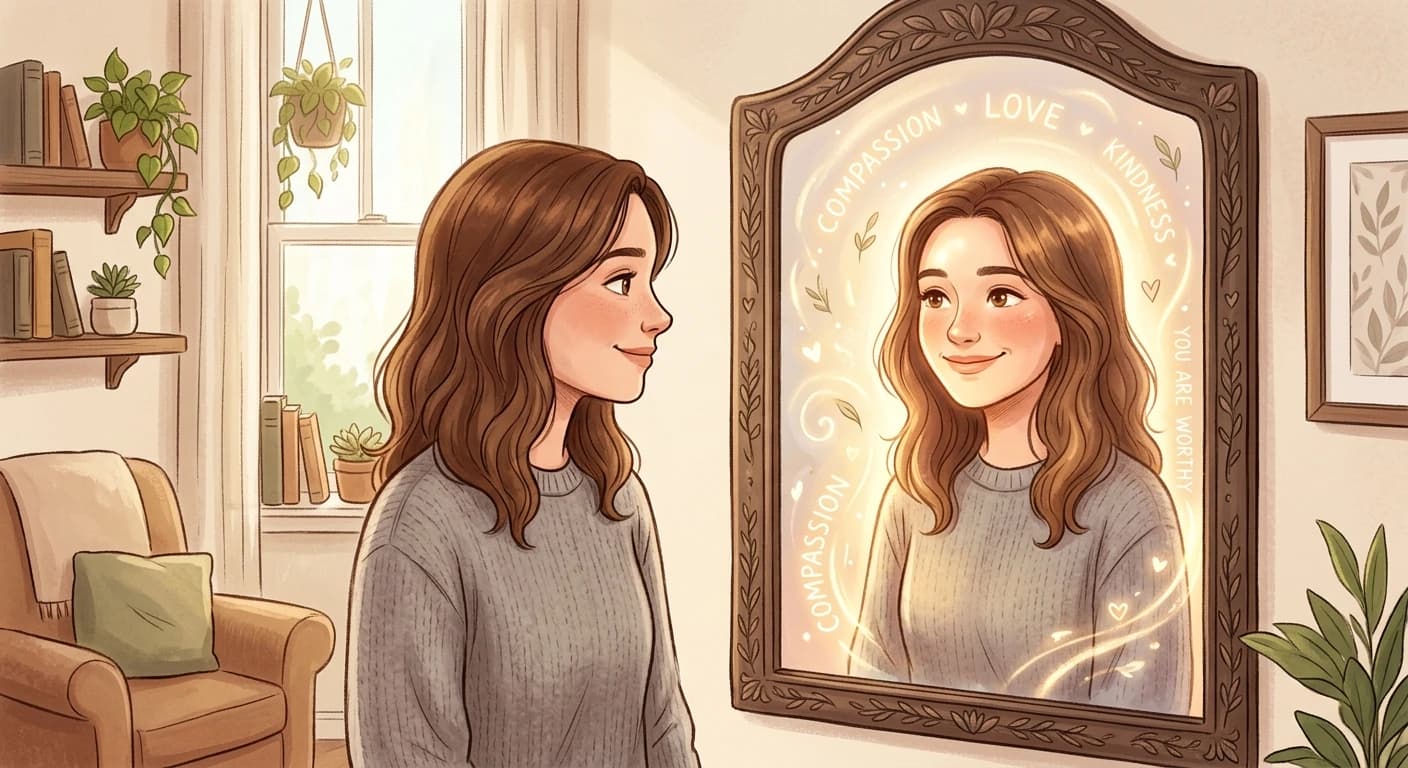 A person looking at a mirror, seeing a kinder reflection of themselves, representing cognitive restructuring and self-compassion.