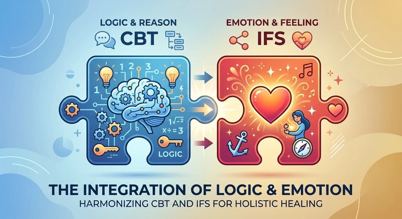 Two puzzle pieces coming together, one representing logic and one representing emotion, symbolizing the integration of CBT and IFS.
