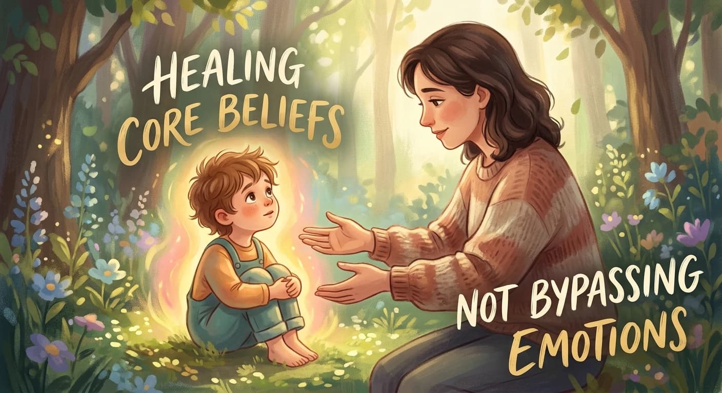 A gentle, compassionate hand reaching out to a small inner child figure, representing healing core beliefs and not bypassing emotions.