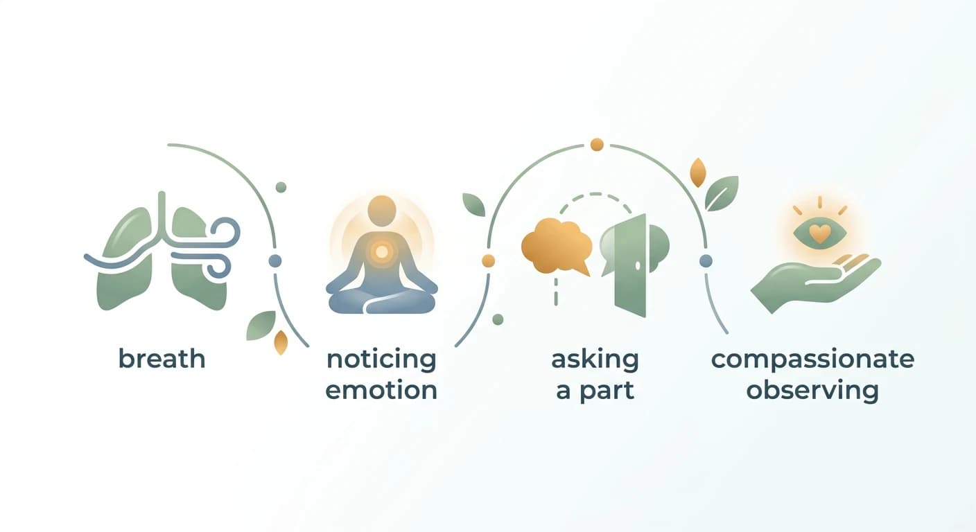 A mindfulness check-in can be simple: breathe, notice, ask what Part is present, and observe with compassion.