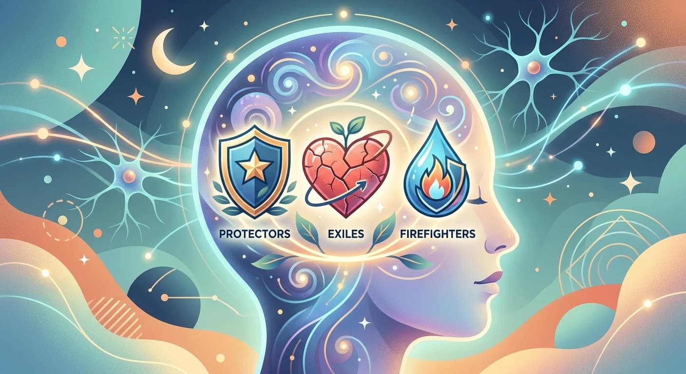 The three main types of parts in IFS: Protectors, Exiles, and Firefighters.