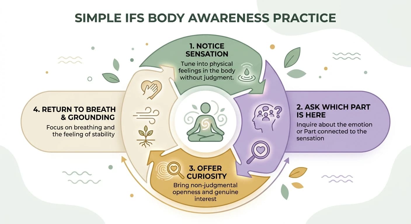 A simple Somatic IFS cycle: notice the sensation, ask which Part is present, offer curiosity, and return to grounding.