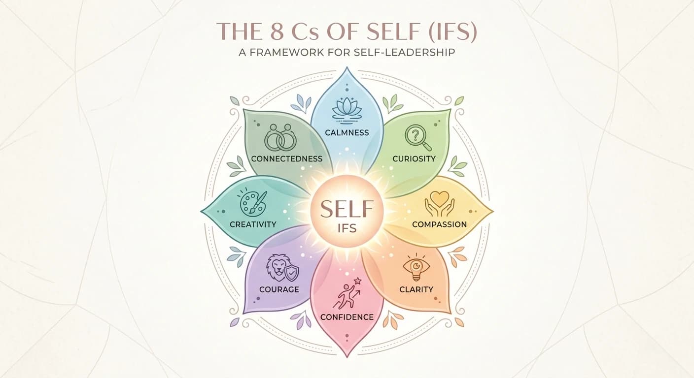 The 8 Cs of Self: Calmness, Curiosity, Compassion, Clarity, Confidence, Courage, Creativity, and Connectedness.