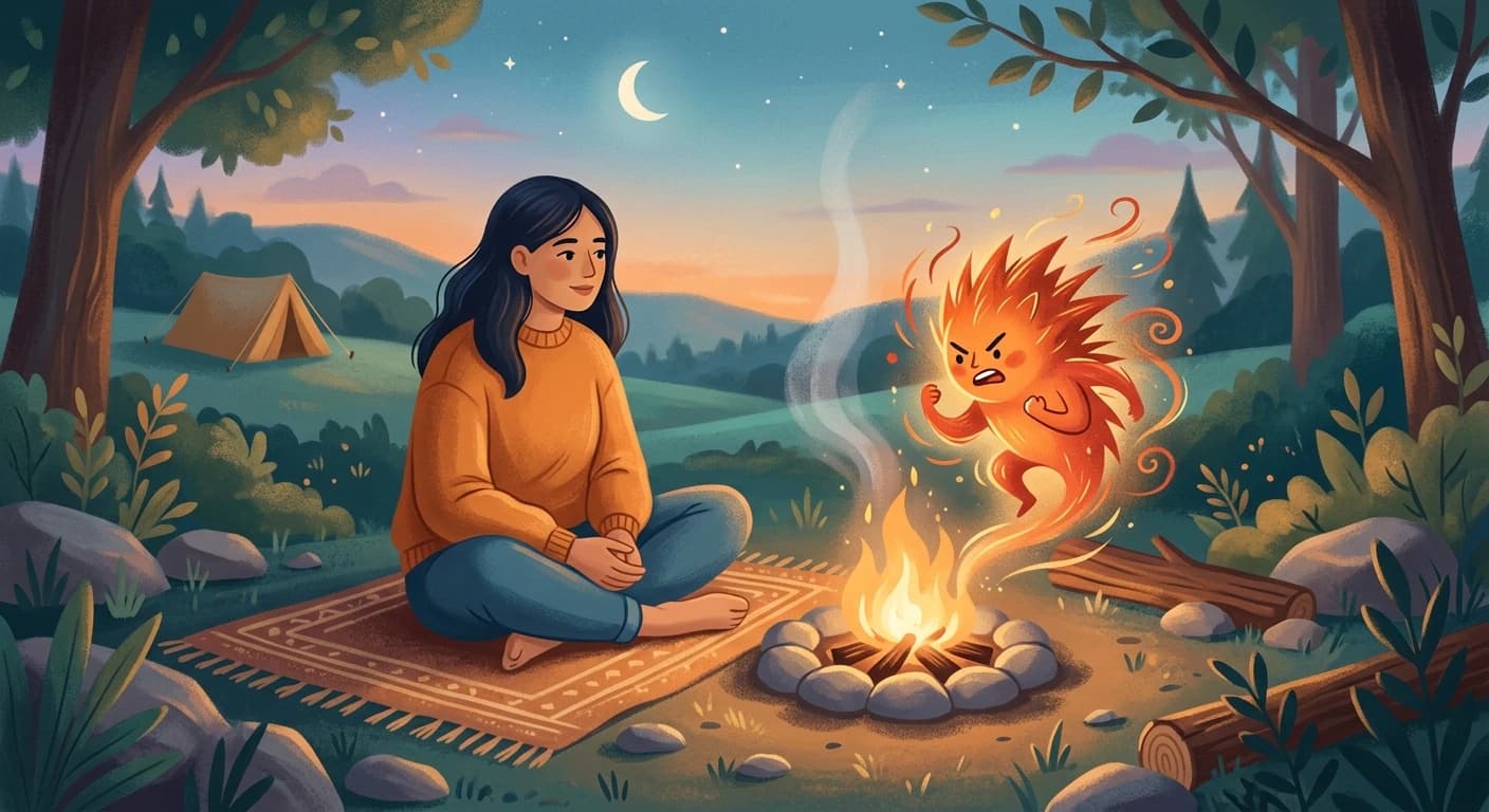 A calm Self gently listening to the fire of an angry Protector Part