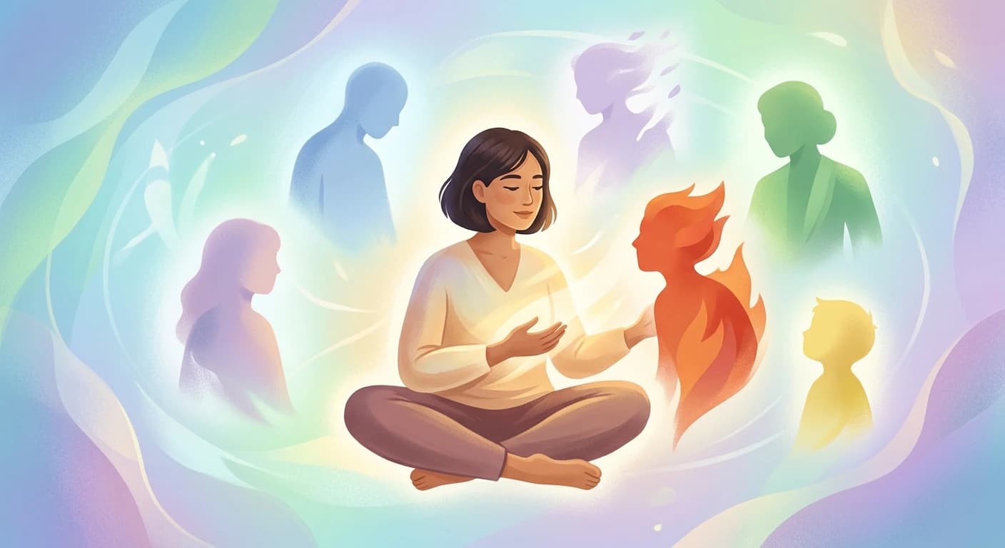 Inner Parts gathering around Self with an angry Part being met with compassion